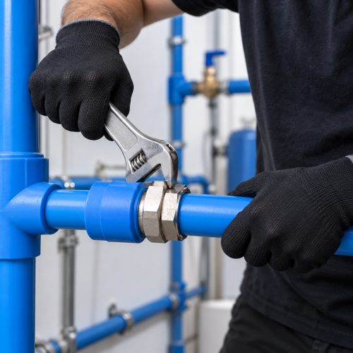 Reparación de cañería PPR azul con guantes