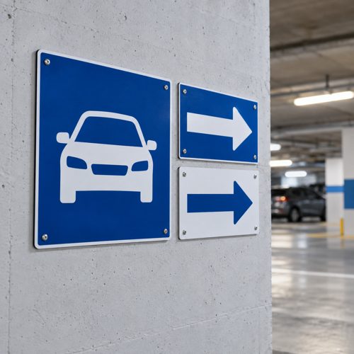 Señalética corporativa en estacionamiento de edificio