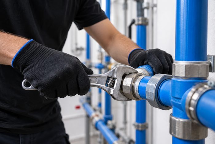 Gasfíter con guantes reparando cañería PPR azul
